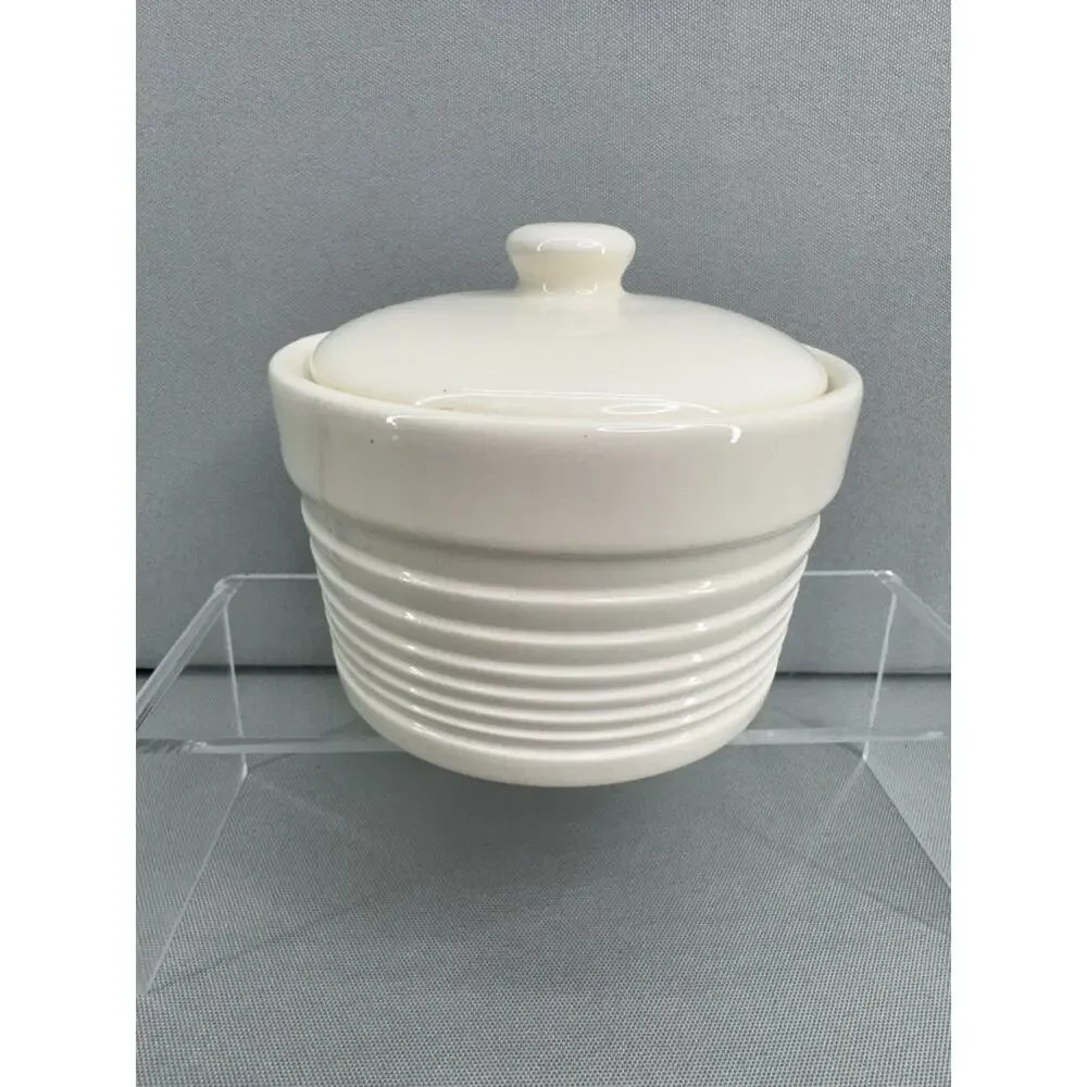 Kohls White Ceramic Salt Cellar Canister Storage Jar w/ Lid Ribbed Kitchen